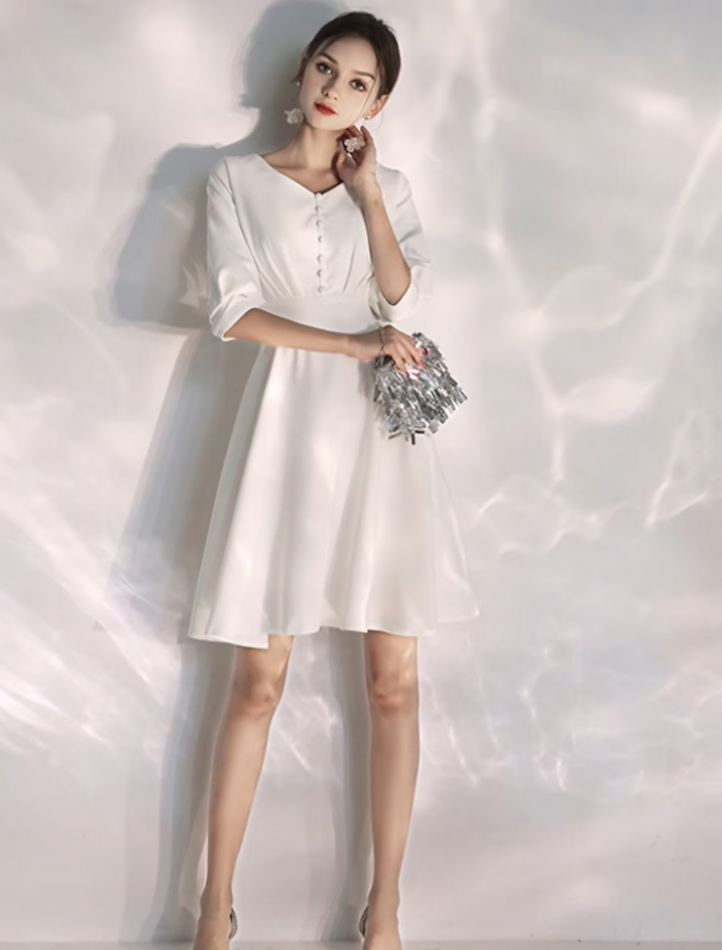 Bachelorette Party Little White Dresses Wedding Dresses Knee Length A-Line Half Sleeve V Neck Stretch Fabric