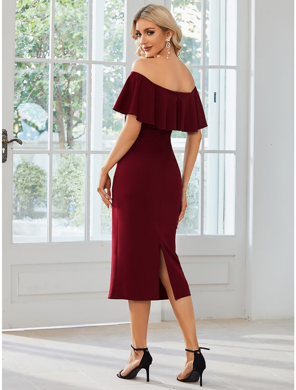 Wedding Guest Dresses Dress Party Wear Tea Length Short Sleeve Off Shoulder Stretch Fabric with Slit