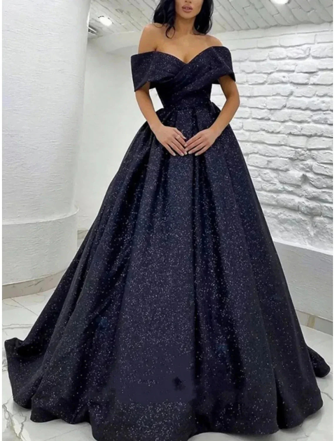 A Line Prom Dress Glittering Off Shoulder Sequin Gown With Brush Train For Black Tie Gala For Prom Goers