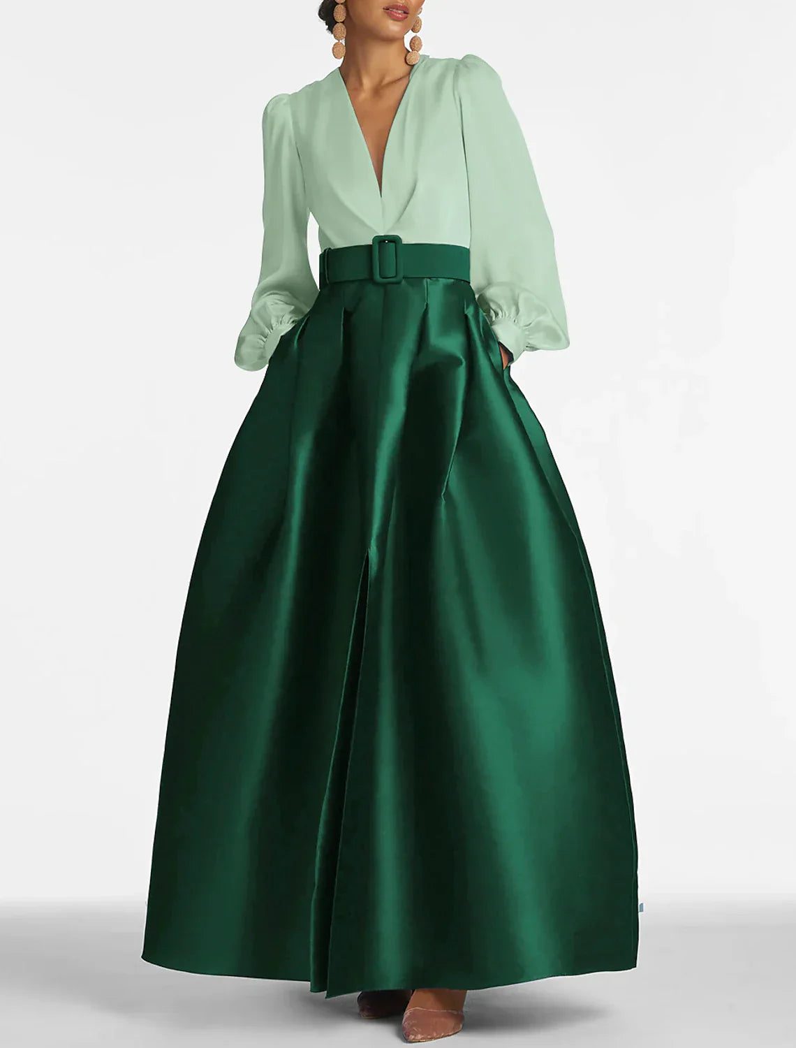 Elegant Aline Satin Evening Gown With Pockets Long Sleeve High Split For Wedding Guests Navy