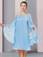 A-Line Mother of the Bride Dress Formal Wedding Guest Plus Size Elegant Jewel Neck Short Mini Lace Long Sleeve with Ruffles