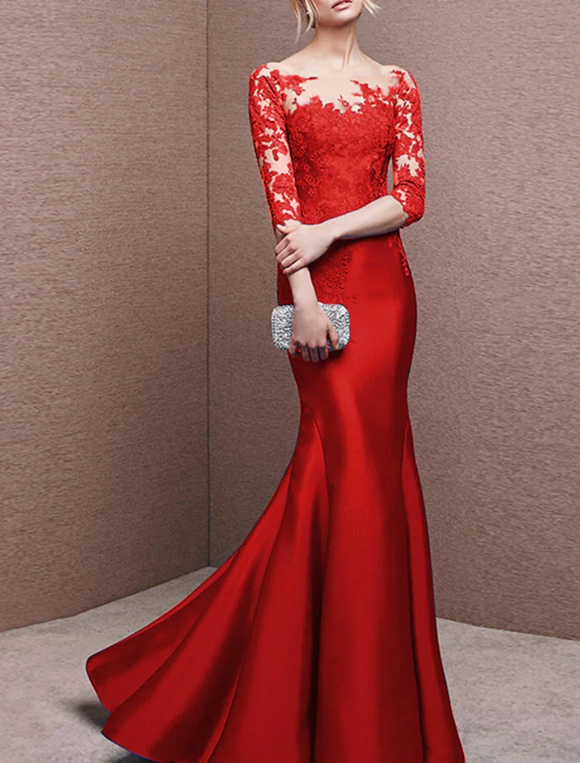 Mermaid Satin Evening Gown Off Shoulder Three Quarter Sleeves With Pleats Appliques And Sweep Train For Wedding Guests