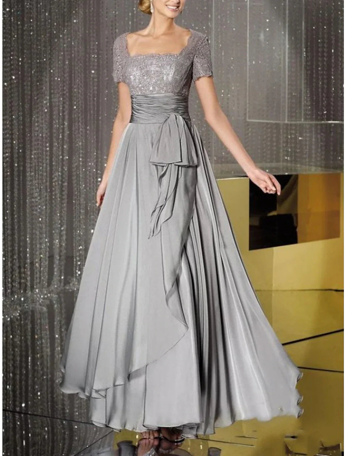 Mother Of The Bride Dress Sheath Gown Elegant Sparkle Shine Lace Chiffon Square Neck Floor Length With Sash For Weddings