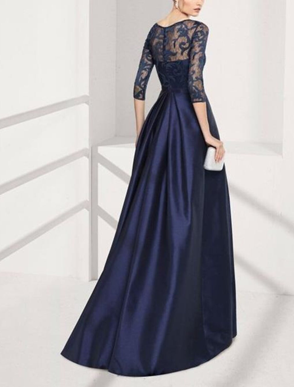 Elegant A Line Mother Of The Bride Dress Satin Lace Jewel Neck Floor Length Three Quarter Sleeve With Pleats