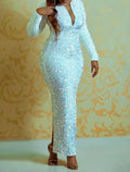 Mermaid Party Dress Elegant Sparkle Gown For Wedding Guests Long Sleeve V Neck Ankle Length