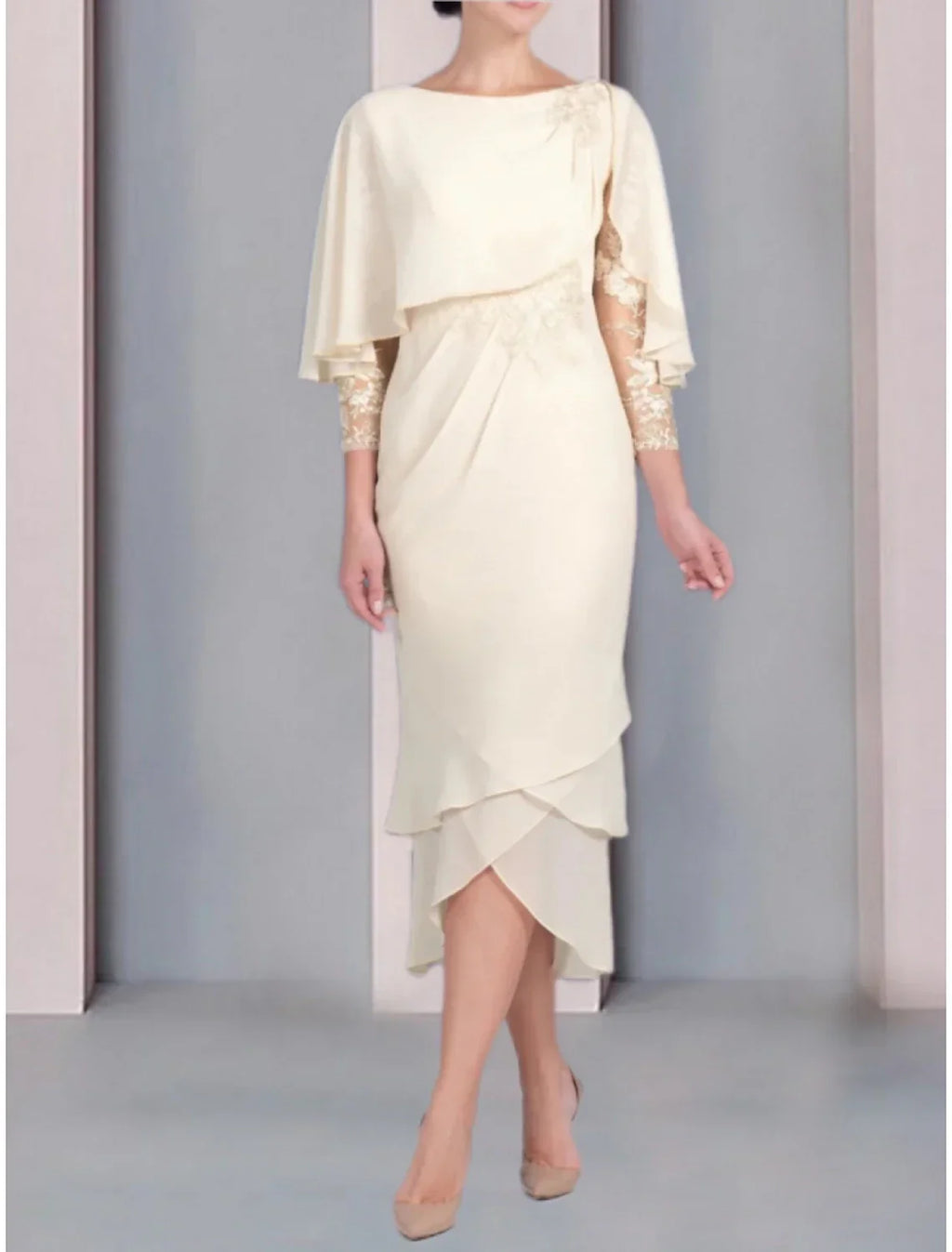 Elegant Mother Of The Bride Dress Petite Tea Length Chiffon Three Quarter Sleeve Lace Appliques