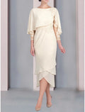 Elegant Mother Of The Bride Dress Petite Tea Length Chiffon Three Quarter Sleeve Lace Appliques