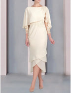 Elegant Mother Of The Bride Dress Petite Tea Length Chiffon Three Quarter Sleeve Lace Appliques