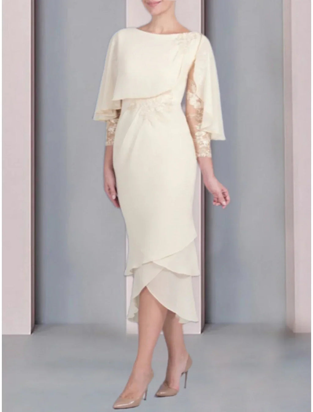 Elegant Mother Of The Bride Dress Petite Tea Length Chiffon Three Quarter Sleeve Lace Appliques