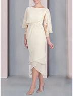 Elegant Mother Of The Bride Dress Petite Tea Length Chiffon Three Quarter Sleeve Lace Appliques