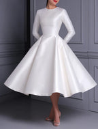 Vintage 1940s 1950s Satin Tea Length Bridal Dress With Long Sleeves For Brides To Be A Line Scoop Neck Elegant Gown