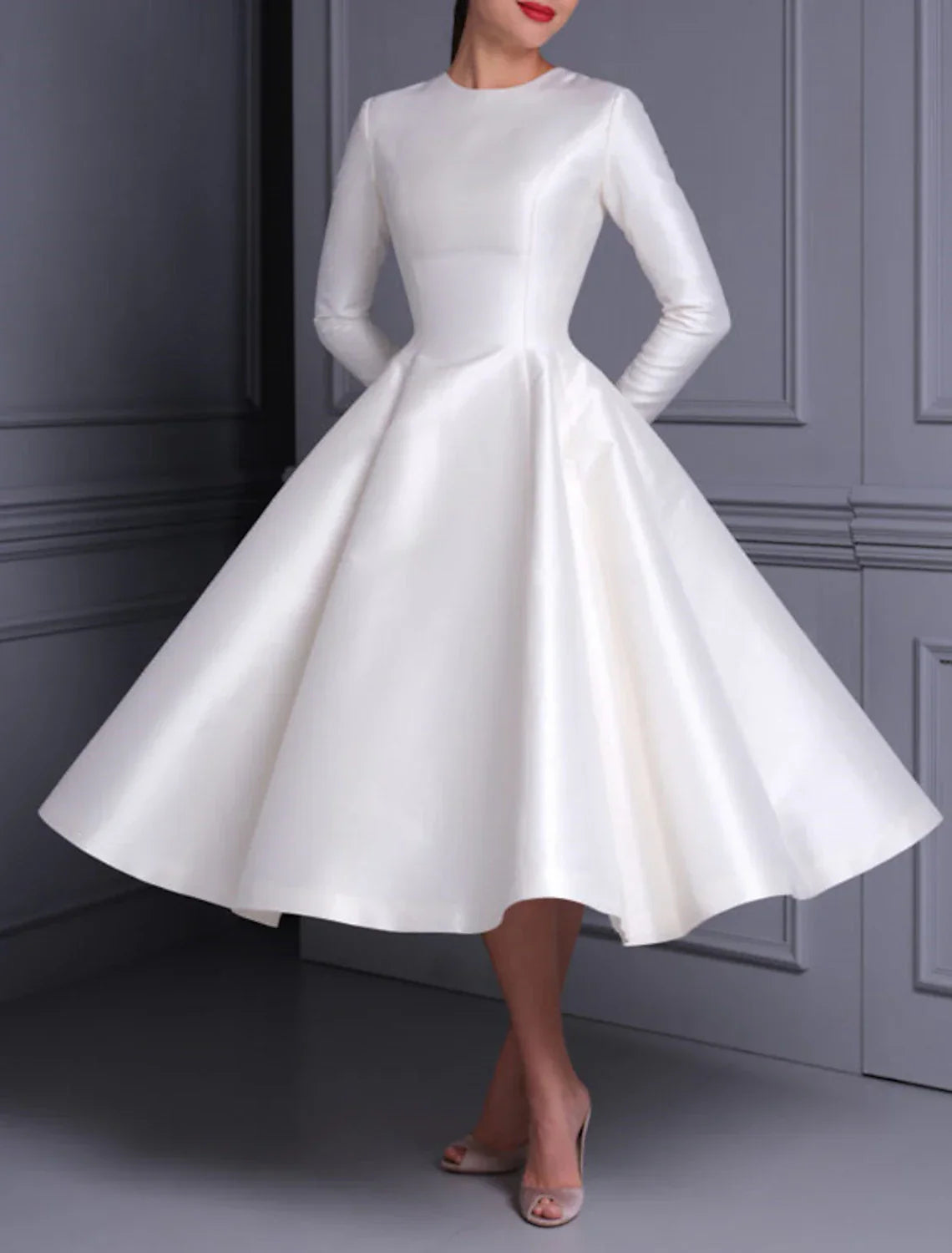 Vintage 1940s 1950s Satin Tea Length Bridal Dress With Long Sleeves For Brides To Be A Line Scoop Neck Elegant Gown