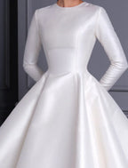 Vintage 1940s 1950s Satin Tea Length Bridal Dress With Long Sleeves For Brides To Be A Line Scoop Neck Elegant Gown