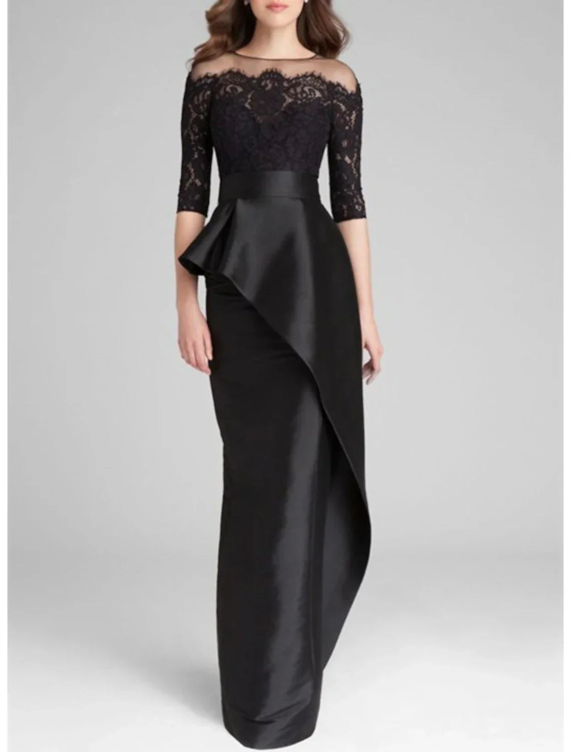 Elegant Satin Lace Mermaid Mother Of The Bride Dress With Jewel Neck Floor Length Ruffles