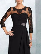 Mother Of The Bride Dress A Line Elegant Jewel Neck Floor Length Chiffon Lace Three Quarter Sleeve With Sash Appliques