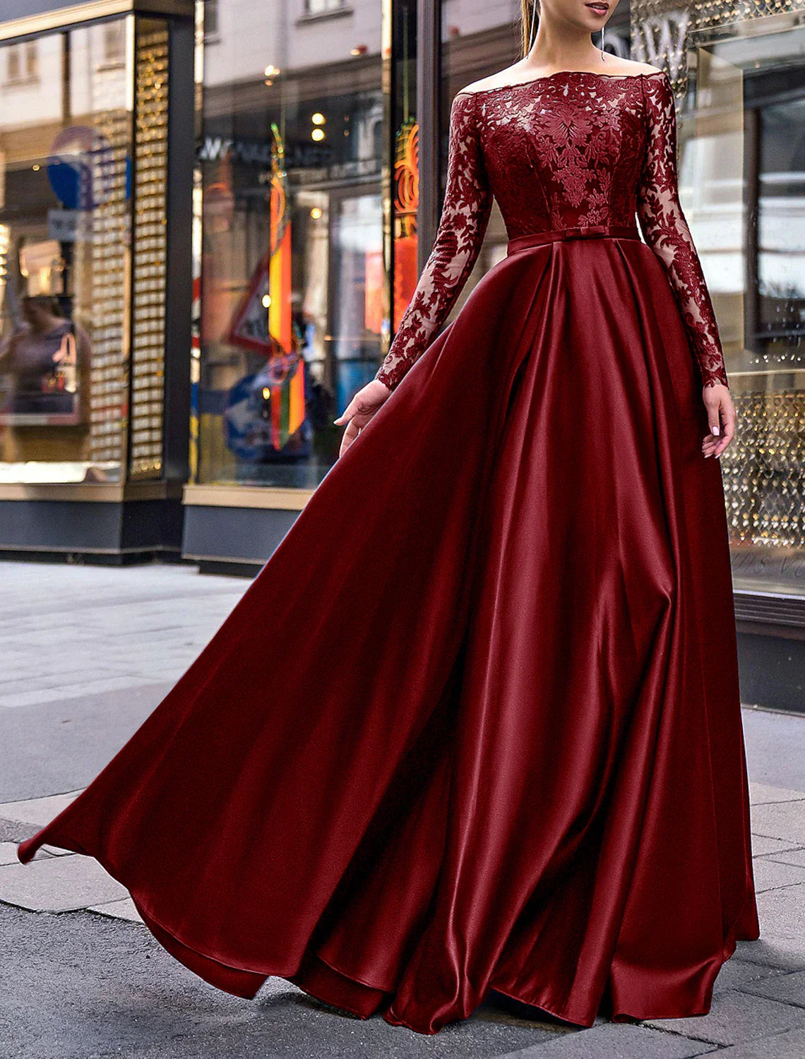 A Line Satin Evening Gown Glamorous For Wedding Guests With Off Shoulder Long Sleeves Belted Sash And Appliques