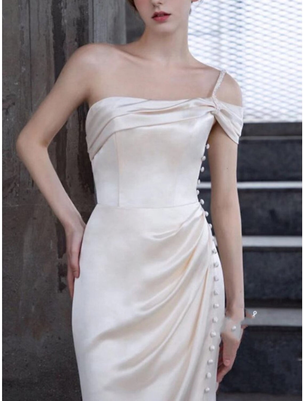 Elegant Vintage Satin One Shoulder Wedding Dress For Brides To Be With Ruched Bodice And Brush Train