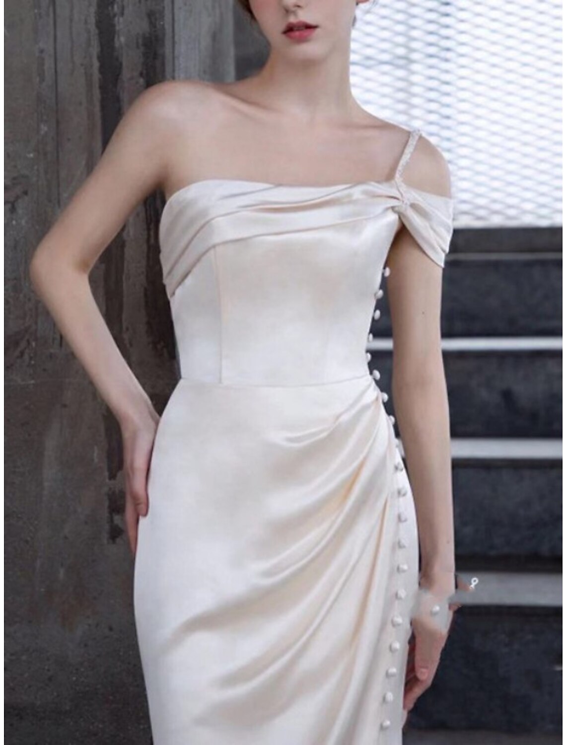 Elegant Vintage Satin One Shoulder Wedding Dress For Brides To Be With Ruched Bodice And Brush Train