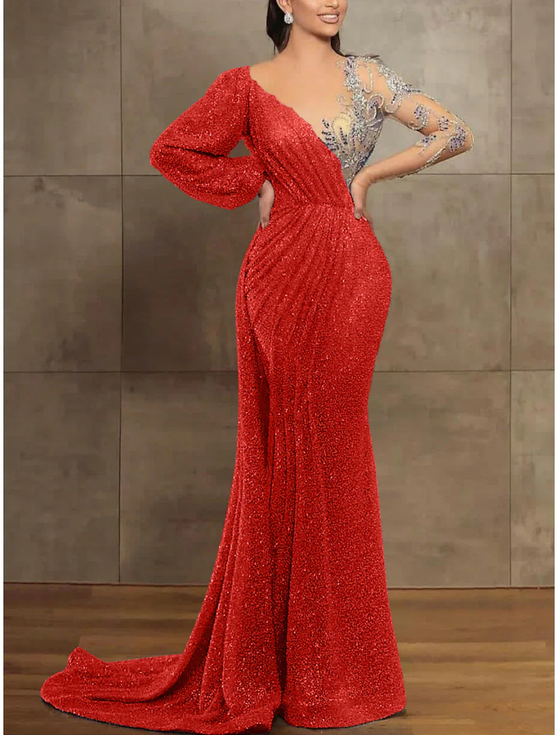 Mermaid Trumpet Evening Gown For Women Elegant Sequined Illusion Neck Long Sleeve Pleats Court Train