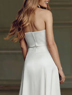 Two Piece Satin White Strapless Tea Length Elegant Wedding Dress For Reception Brides Square Neck Gown