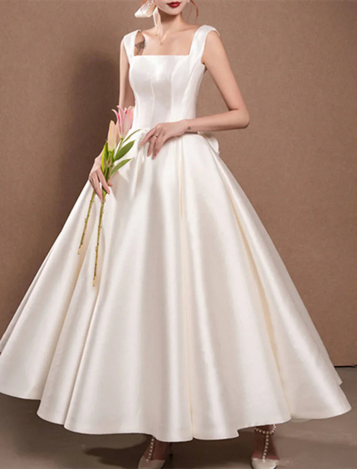 Wedding Dress Vintage Satin Gown For Vintage Bride Elegant Ankle Length Bow Details 1940s 1950s