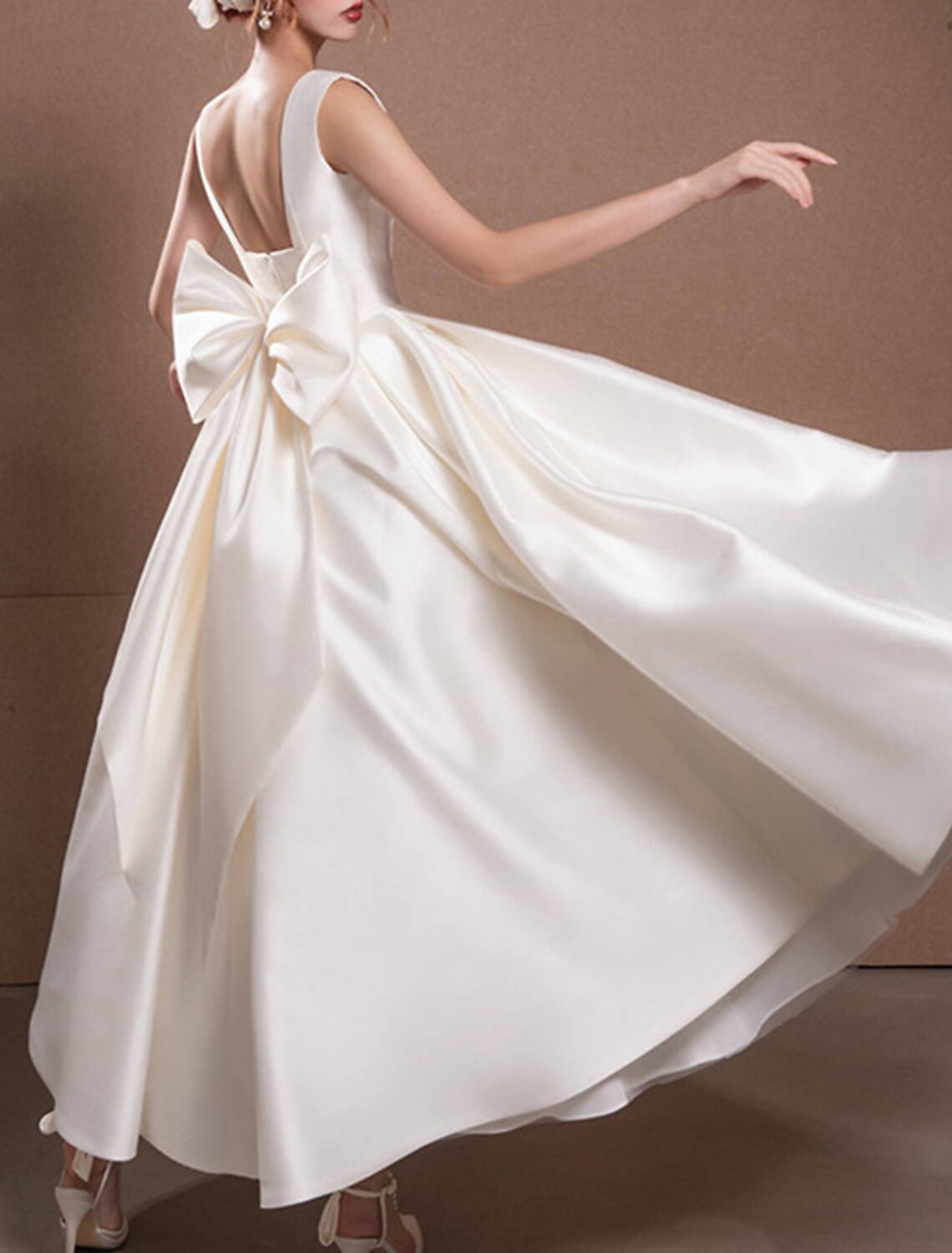 Wedding Dress Vintage Satin Gown For Vintage Bride Elegant Ankle Length Bow Details 1940s 1950s
