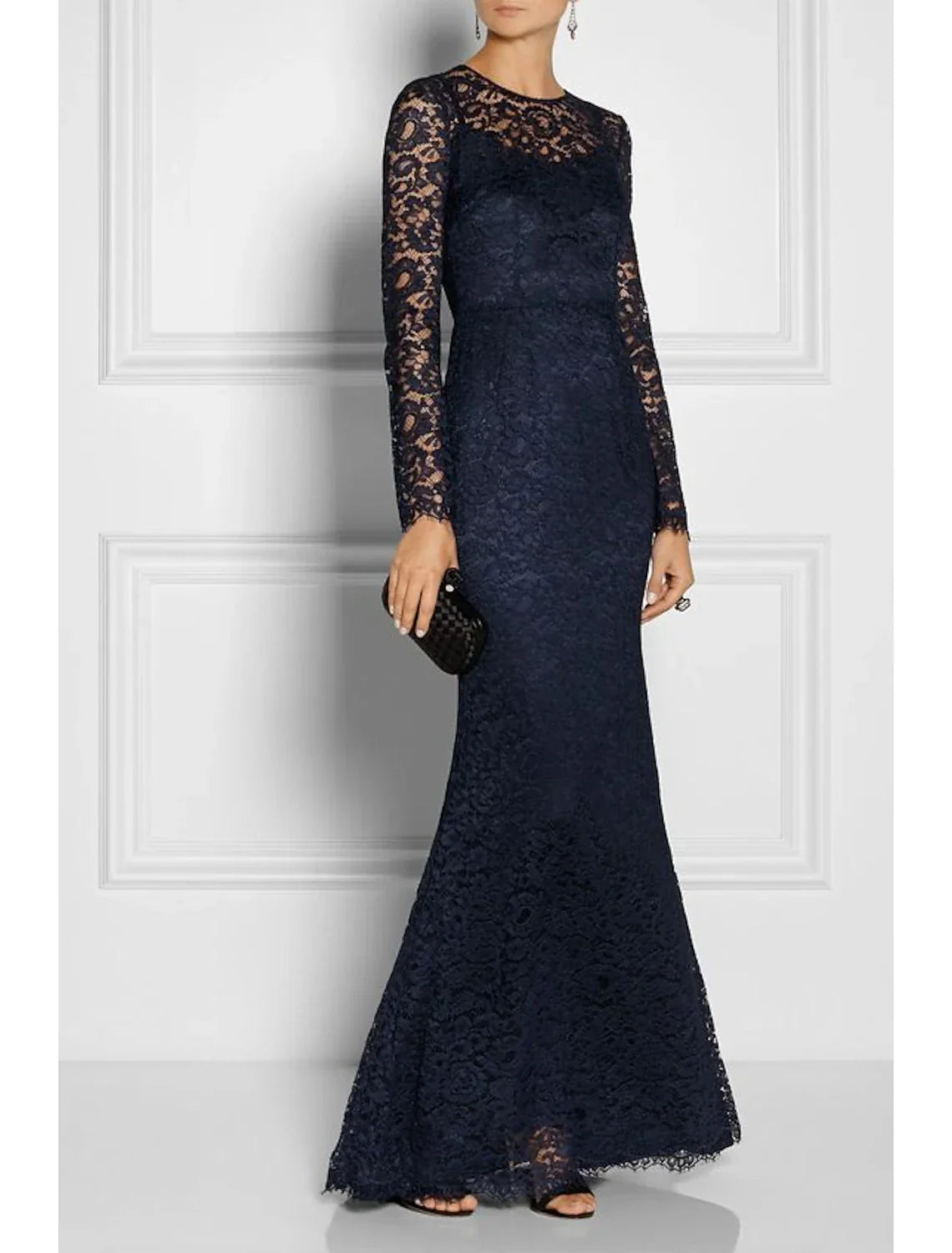 Mother Of The Bride Dress Mermaid Silhouette Floor Length Lace Long Sleeve Jewel Neck Elegant For Mothers Of The Bride
