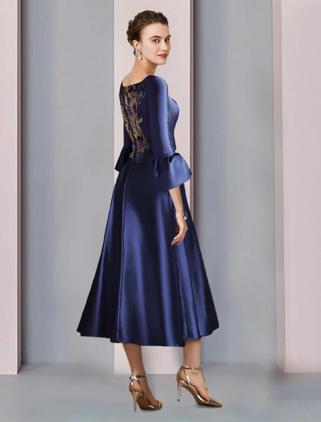 Elegant Mother Of The Bride Dress Satin A Line Tea Length With Pleated Three Quarter Sleeves