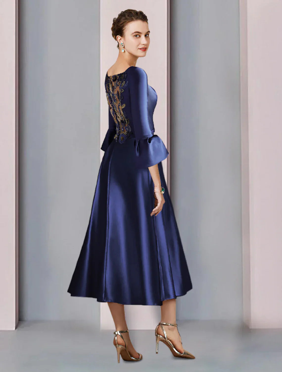 Elegant Mother Of The Bride Dress Satin A Line Tea Length With Pleated Three Quarter Sleeves