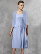 Mother Of The Bride Two Piece A-Line Dress For Wedding Guests With Appliques Chiffon Lace Tea Length Wrap Included