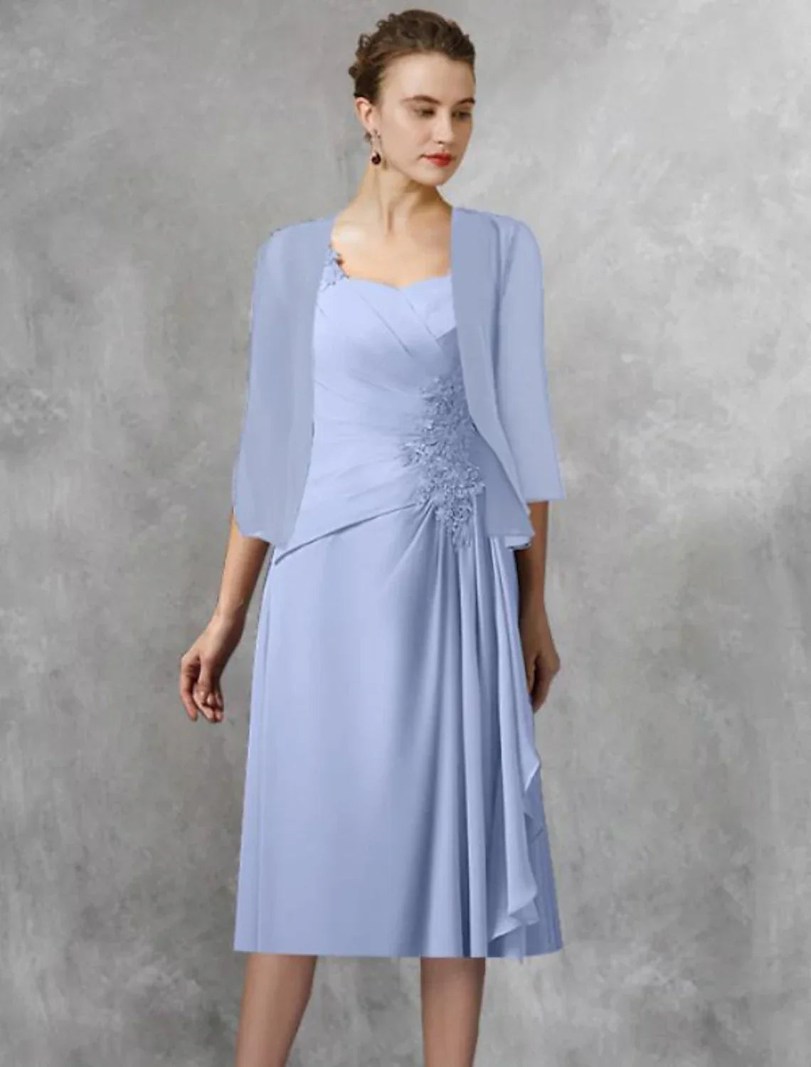 Mother Of The Bride Two Piece A-Line Dress For Wedding Guests With Appliques Chiffon Lace Tea Length Wrap Included