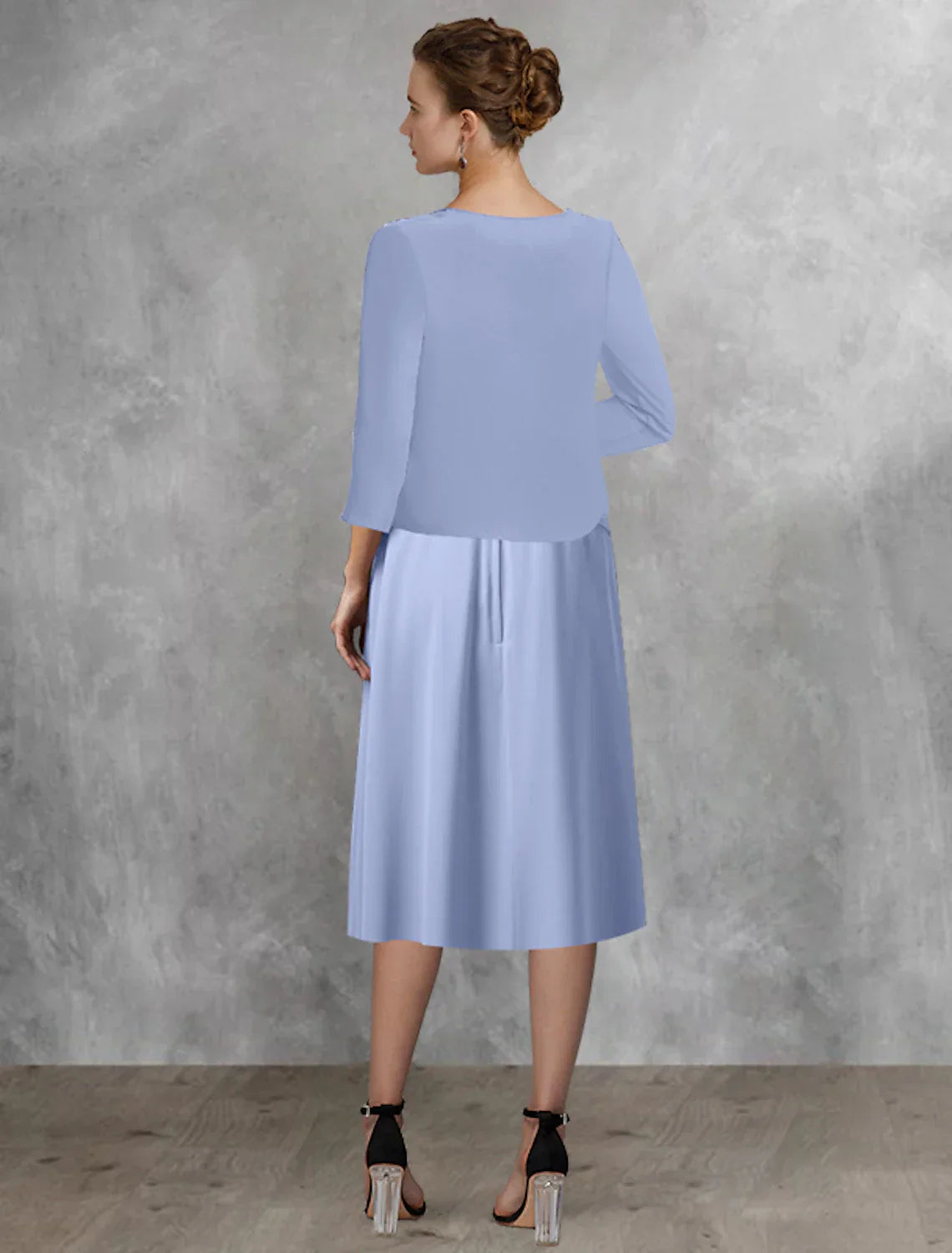Mother Of The Bride Two Piece A-Line Dress For Wedding Guests With Appliques Chiffon Lace Tea Length Wrap Included