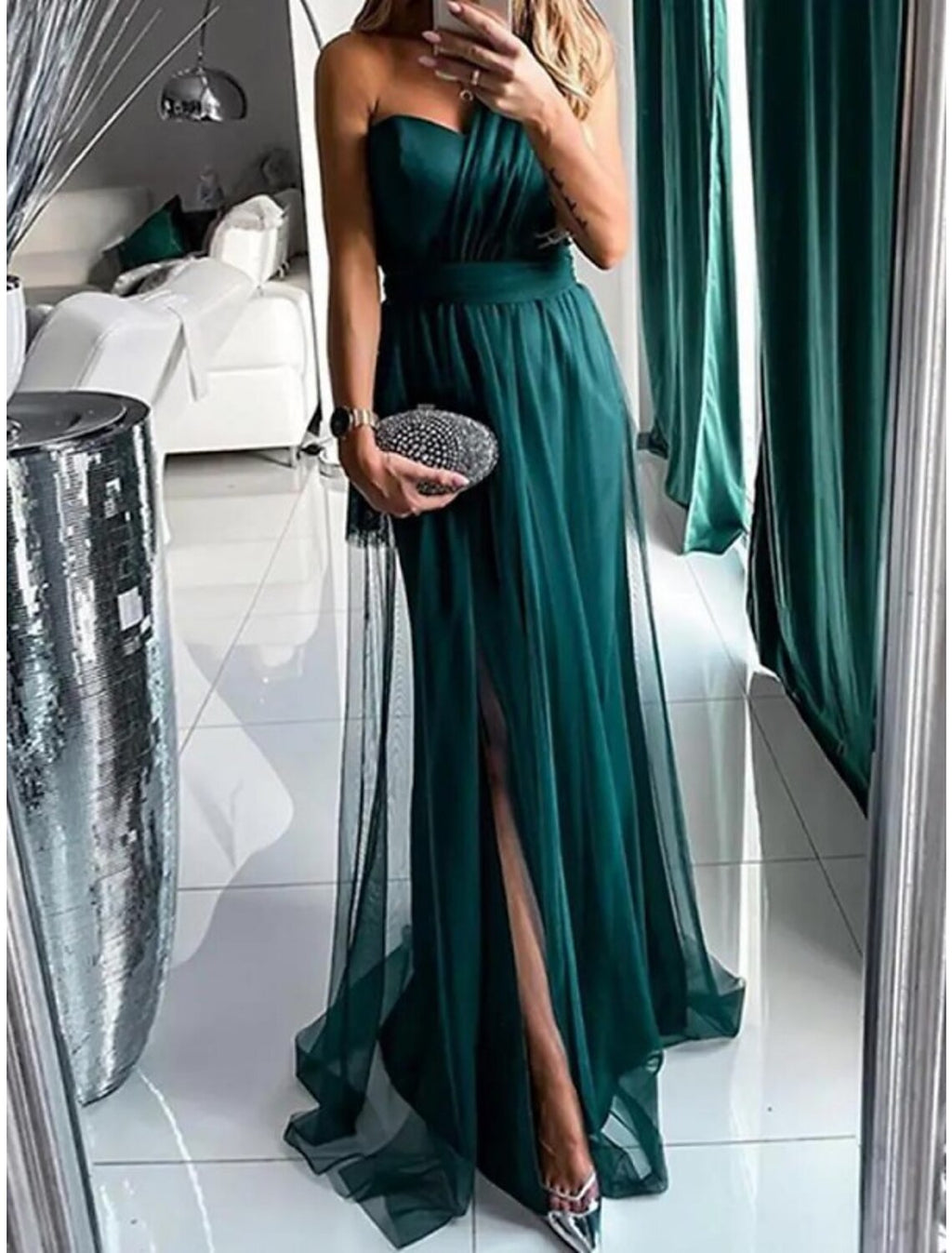 One Shoulder Sleeveless Bridesmaid Dress Sheath Silhouette With Elegant Sweep Train Tulle Pleats