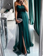 One Shoulder Sleeveless Bridesmaid Dress Sheath Silhouette With Elegant Sweep Train Tulle Pleats