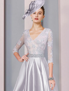 A-Line Mother of the Bride Dress Formal Elegant V Neck Asymmetrical Ankle Length Satin Lace Sleeve with Crystals Appliques