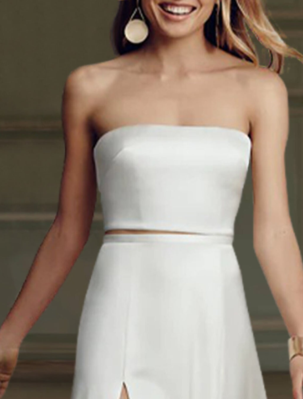 Two Piece Satin White Strapless Tea Length Elegant Wedding Dress For Reception Brides Square Neck Gown