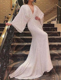 Mother Of The Bride Sequined Sheath Gown With Plunging Neck And Court Train For Elegant Wedding