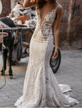 Boho Beach Wedding Dress Open Back Stunning Mermaid Silhouette Lace Appliques For Modern Bride