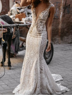 Boho Beach Wedding Dress Open Back Stunning Mermaid Silhouette Lace Appliques For Modern Bride