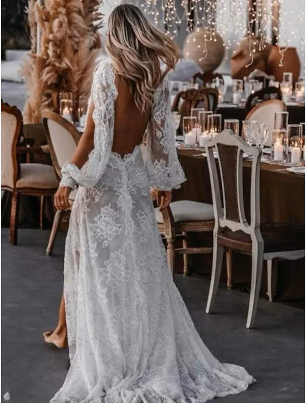Beach Boho Wedding Dress A Line V Neck Long Sleeve Lace Appliques With Sweep Train For Boho Brides