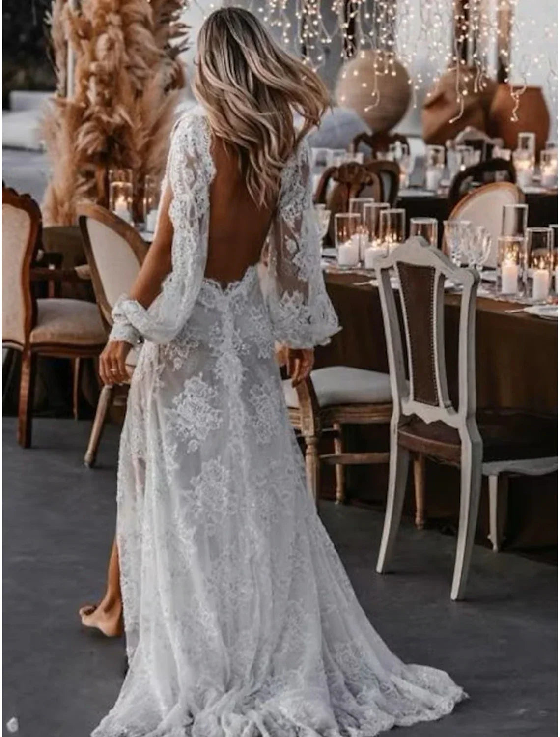 Beach Boho Wedding Dress A Line V Neck Long Sleeve Lace Appliques With Sweep Train For Boho Brides