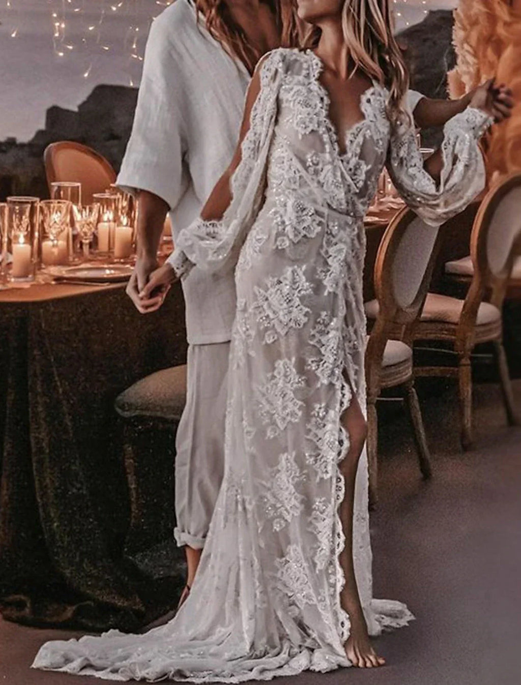 Beach Boho Wedding Dress A Line V Neck Long Sleeve Lace Appliques With Sweep Train For Boho Brides