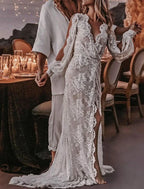 Beach Boho Wedding Dress A Line V Neck Long Sleeve Lace Appliques With Sweep Train For Boho Brides