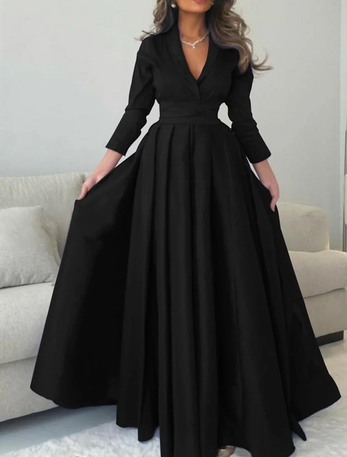 A Line Evening Gown Satin With Pleats V Neck Floor Length Three Quarter Sleeve For Christmas Parties