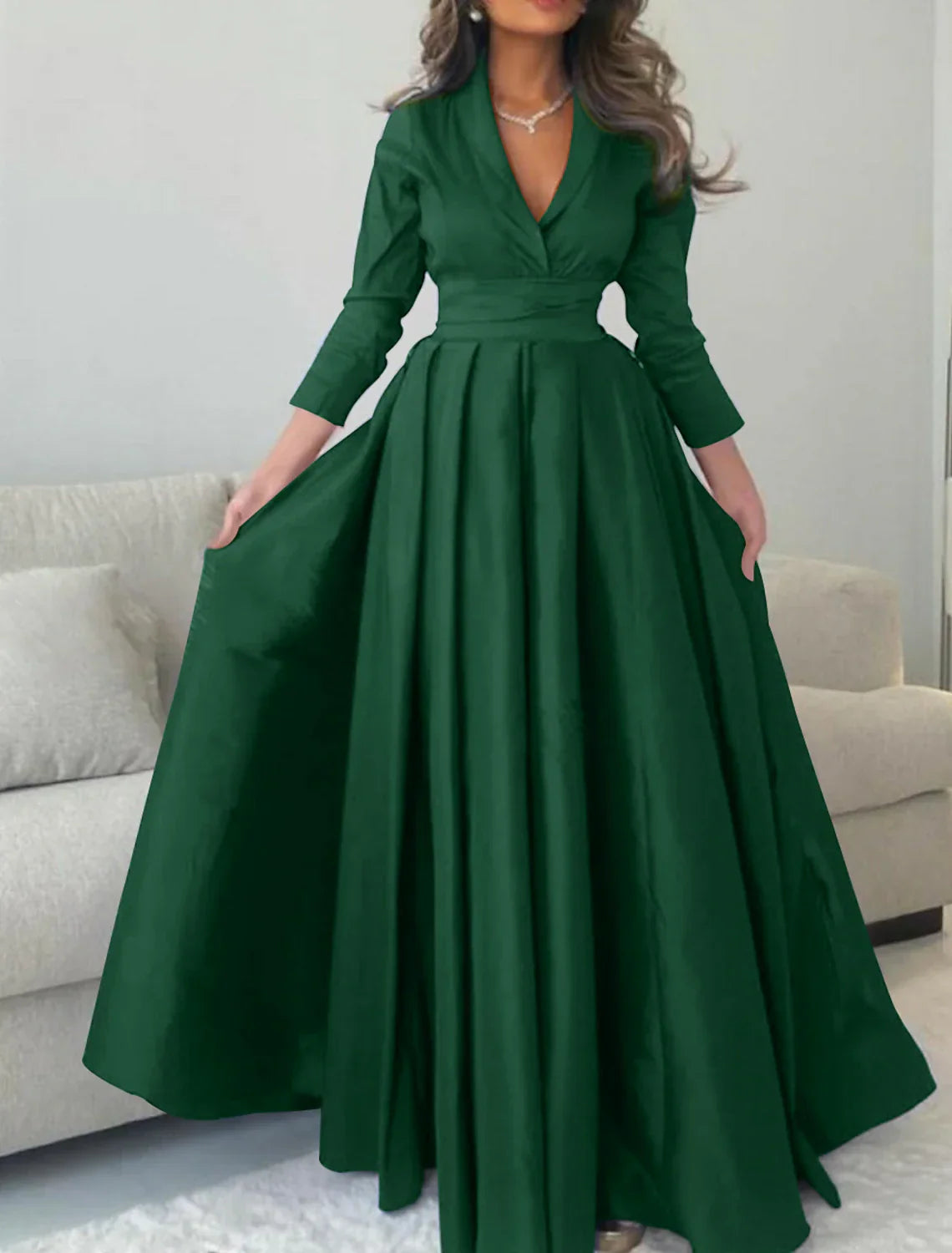 A Line Evening Gown Satin With Pleats V Neck Floor Length Three Quarter Sleeve For Christmas Parties