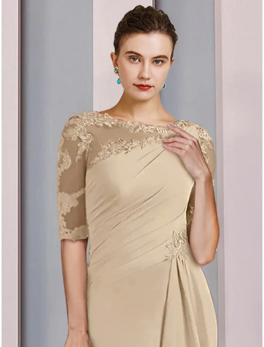 Elegant Mother Of The Bride Dress Chiffon Floor Length With Lace Ruffles Ruching Half Sleeve