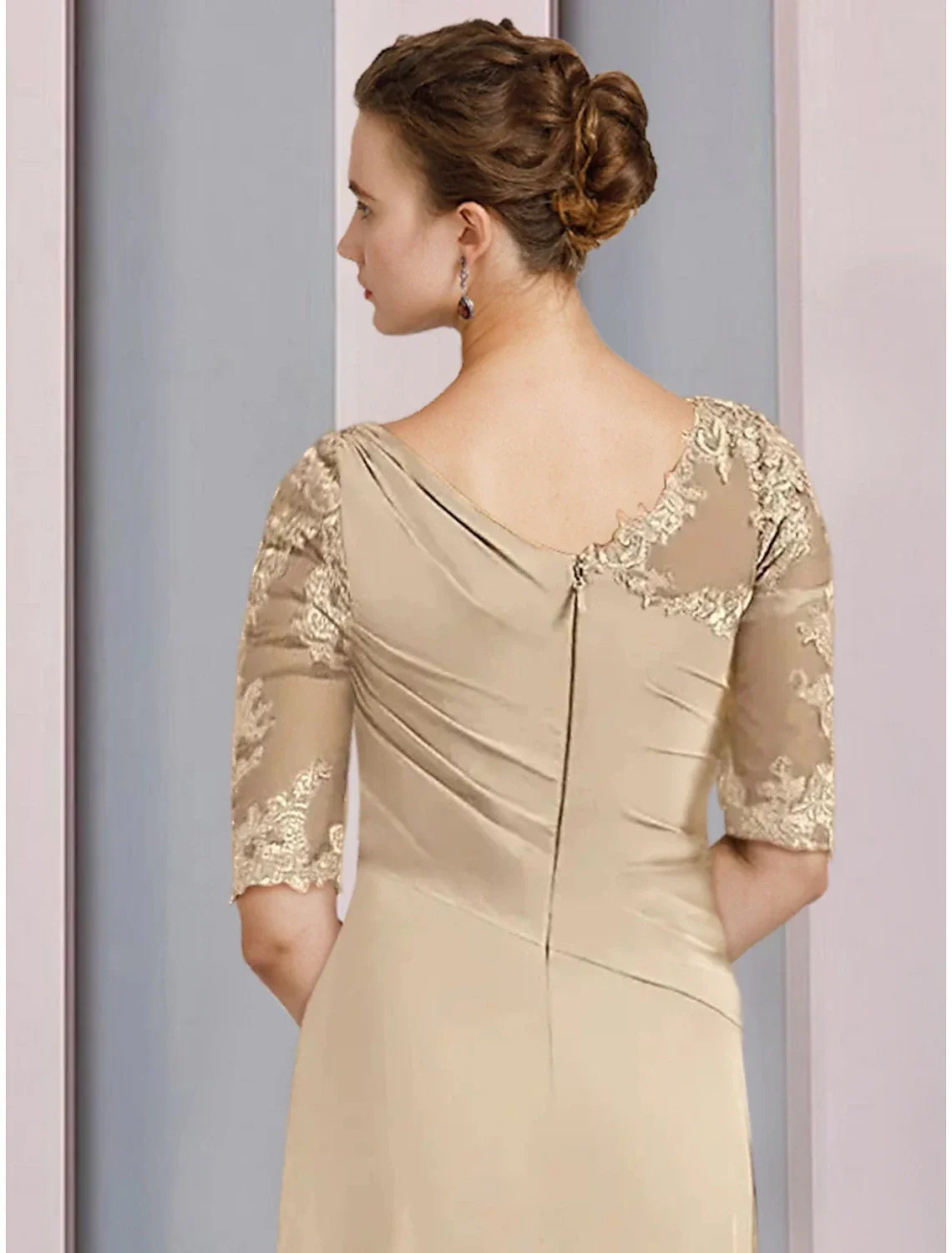 Elegant Mother Of The Bride Dress Chiffon Floor Length With Lace Ruffles Ruching Half Sleeve