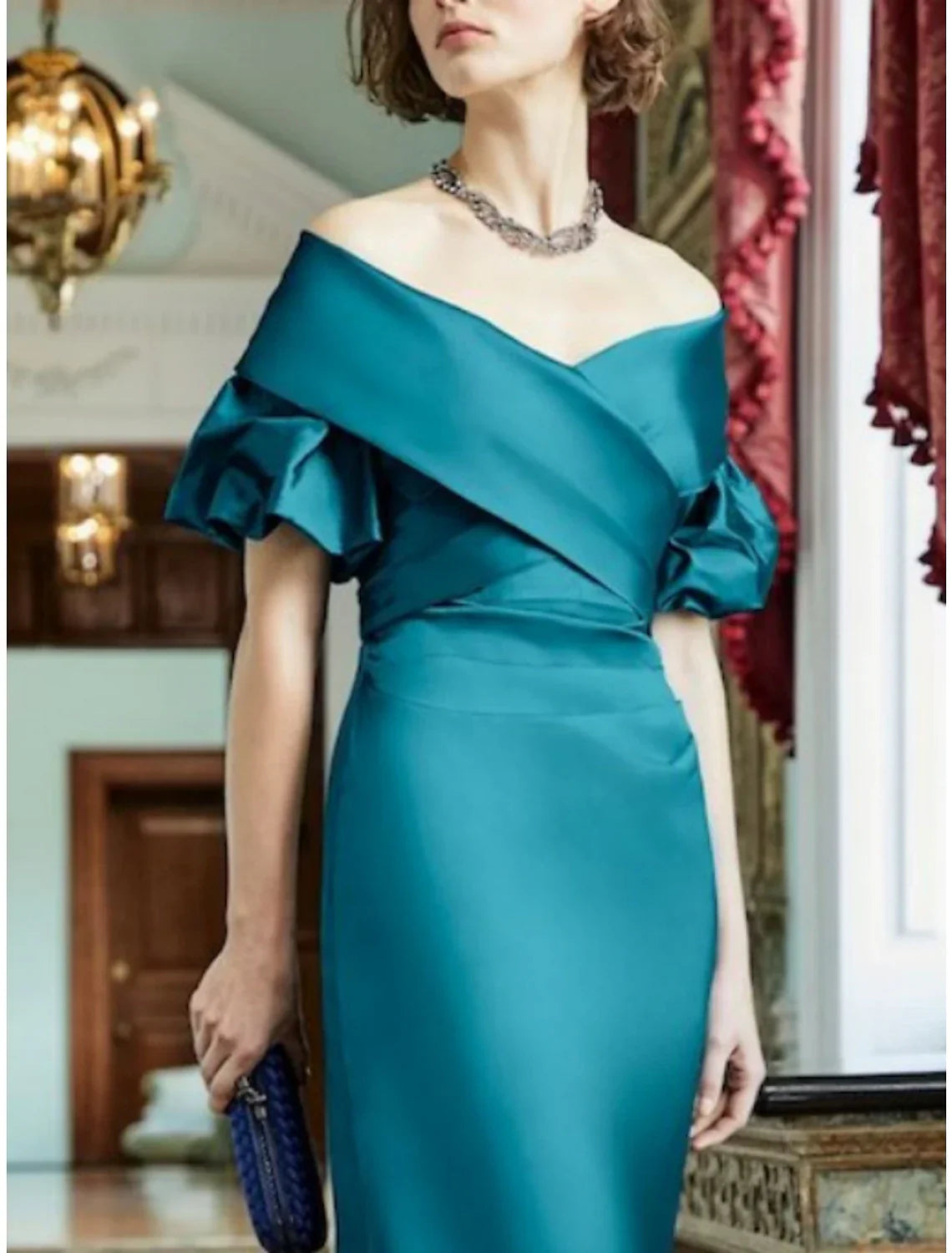 Mother Of The Bride Dress Satin Elegant Sheath Off Shoulder Floor Length With Ruched Short Sleeves
