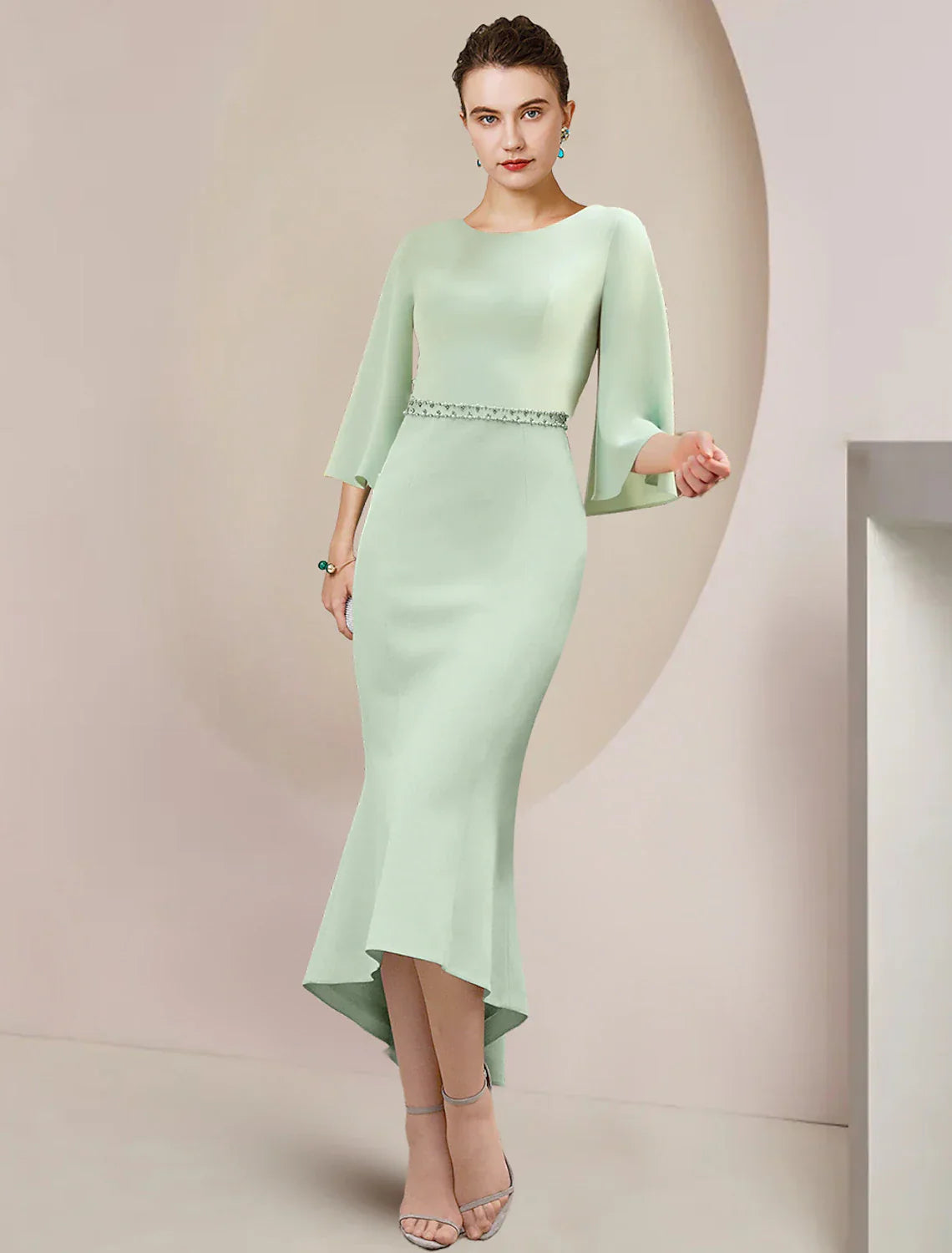 Mother Of The Bride Dress Mermaid Silhouette Beaded Chiffon Tea Length Three Quarter Sleeve Wedding Guest