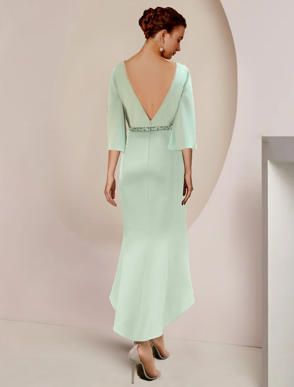 Mother Of The Bride Dress Mermaid Silhouette Beaded Chiffon Tea Length Three Quarter Sleeve Wedding Guest